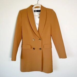 New Zara Camel Double Breasted Blazer Dress Frock Coat Gold Buttons US Medium